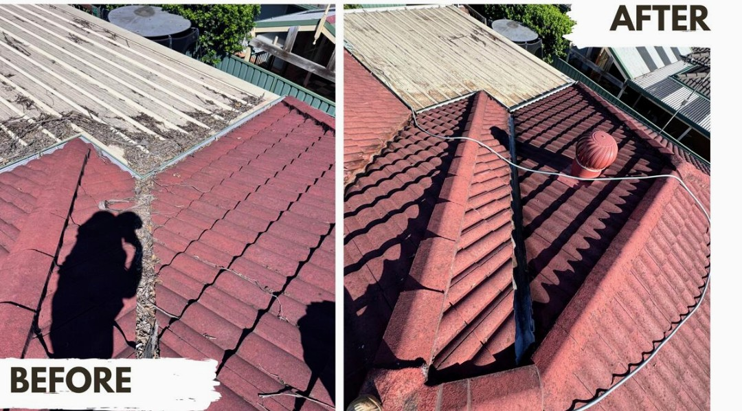 Before and after roof and gutter cleaning on a tiled Sydney home